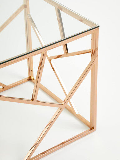 Allure Clear Glass Square Side Table with Geometric Rose Gold Base