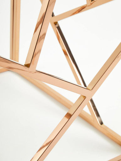 Allure Clear Glass Square Side Table with Geometric Rose Gold Base