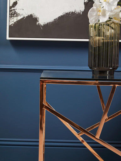 Allure Clear Glass Square Side Table with Geometric Rose Gold Base