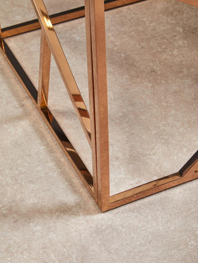 Allure Clear Glass Square Side Table with Geometric Rose Gold Base