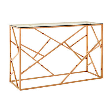Rose Gold Stainless Steel Geometric Console Table with Tempered Glass Top, Allure