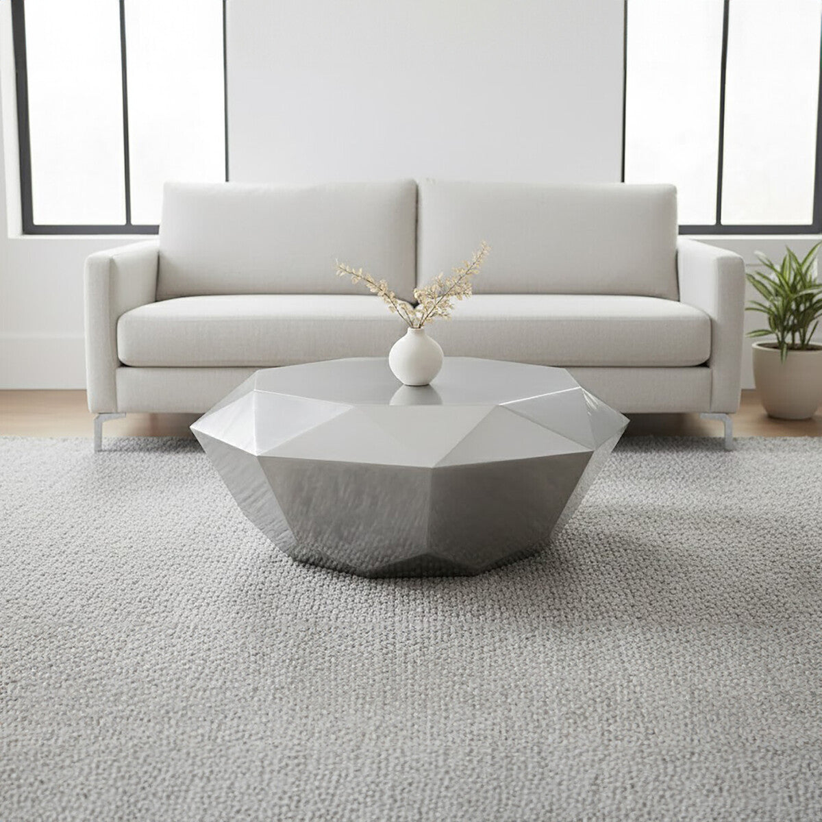Silver Diamond Cut Stainless Steel Coffee Table with Hexagonal Tabletop, Allure