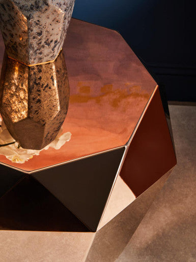 Rose Gold Diamond Cut Stainless Steel End Table with Hexagonal Tabletop, Allure