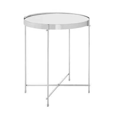 Mirrored Glass Round Top Side Table with Silver Chrome Band and Slim Metal Legs, Allure