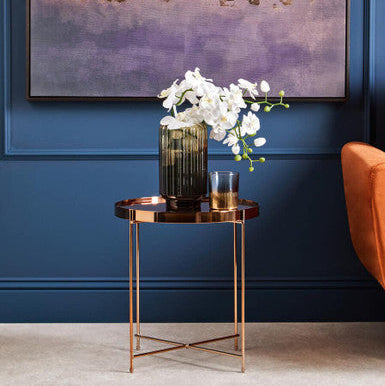 Pink Mirrored Low Side Table with Rose Gold Metal Band, Allure