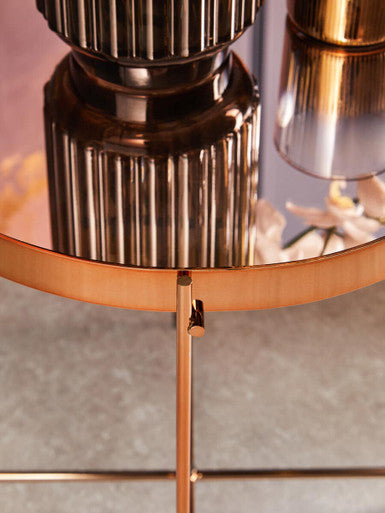 Pink Mirrored Low Side Table with Rose Gold Metal Band, Allure
