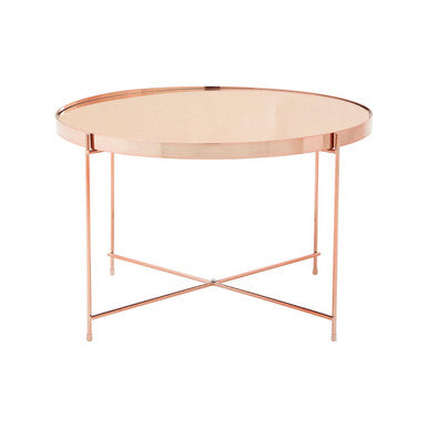 Large Round Mirrored Glass Top Side Table with Pink Metal Lattice Base, Allure