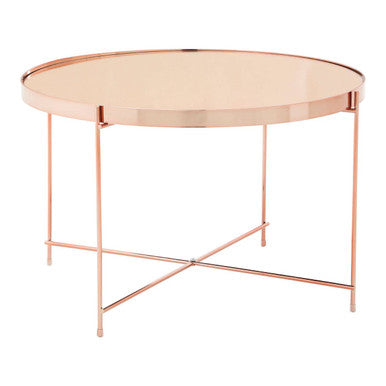 Large Round Mirrored Glass Top Side Table with Pink Metal Lattice Base, Allure