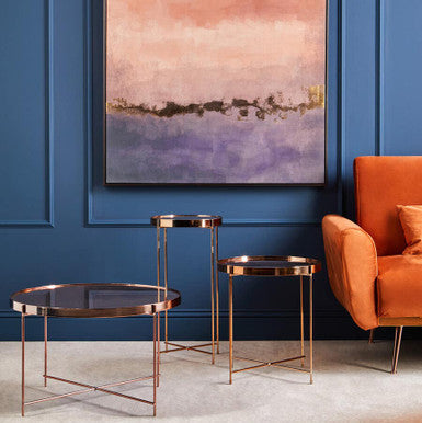 Large Round Mirrored Glass Top Side Table with Pink Metal Lattice Base, Allure