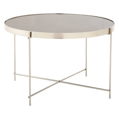 Allure Grey Mirrored Glass Round Side Table with Brushed Nickel Frame