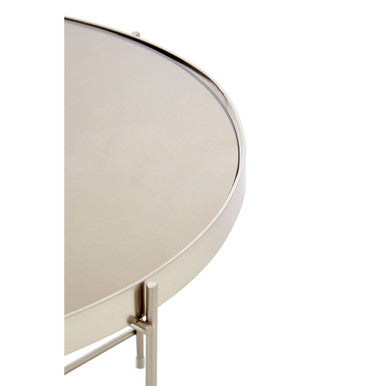 Allure Grey Mirrored Glass Round Side Table with Brushed Nickel Frame