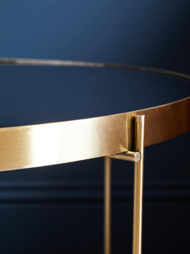 Brushed Bronze Lattice Base Large Side Table with Black Mirror Tabletop, Allure