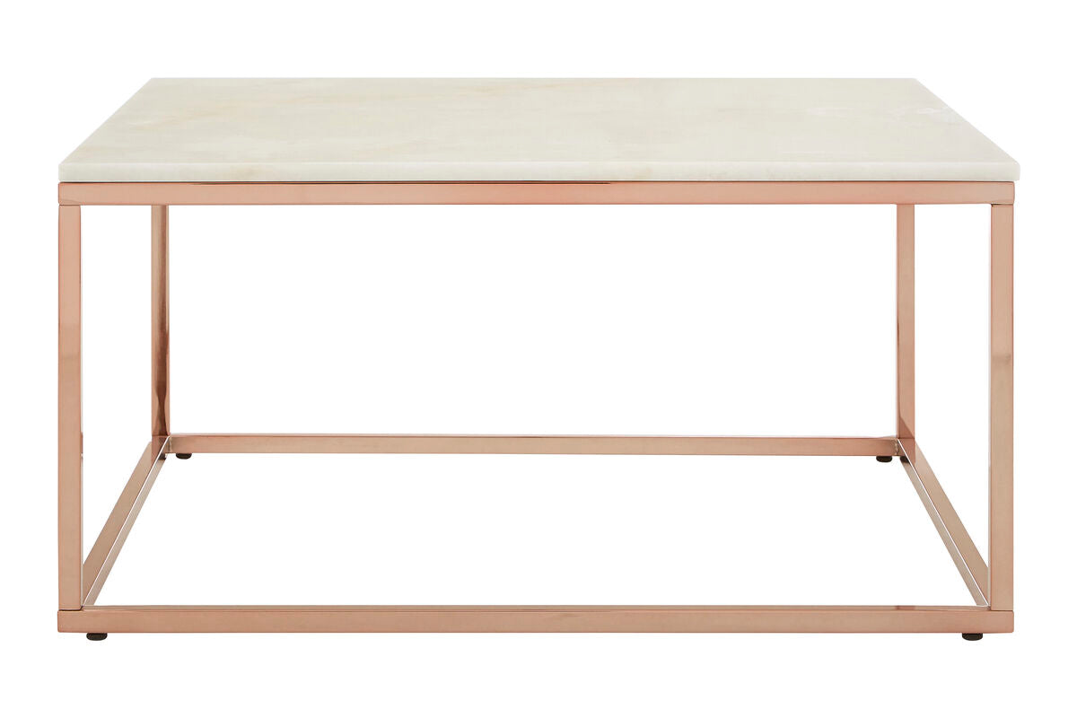 Allure White Marble Square Coffee Table with Rose Gold Finish Base