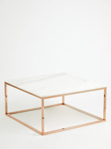 Allure White Marble Square Coffee Table with Rose Gold Finish Base