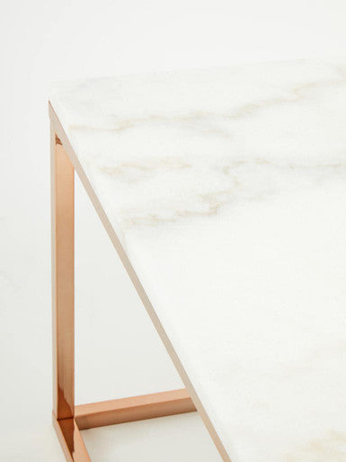 Allure White Marble Square Coffee Table with Rose Gold Finish Base