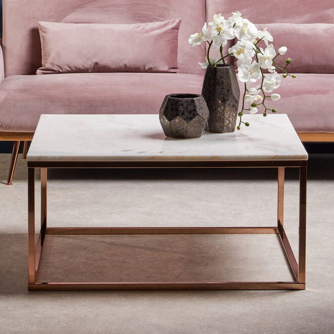 Square White Marble Top Coffee Table in Rose Gold Finish Stainless Steel Legs, Allure