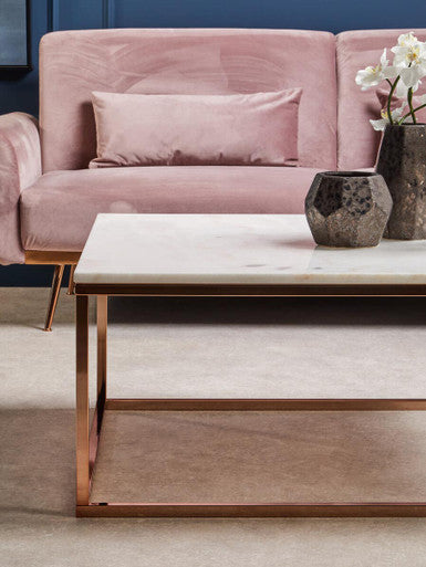 Allure White Marble Square Coffee Table with Rose Gold Finish Base