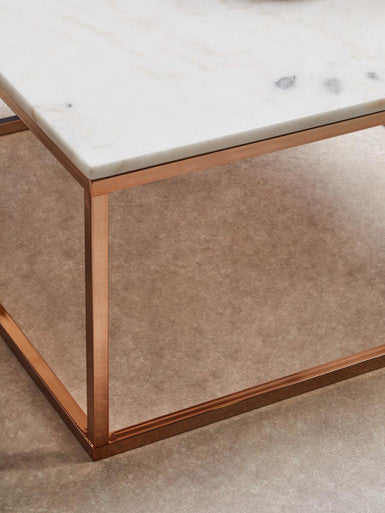 Allure White Marble Square Coffee Table with Rose Gold Finish Base