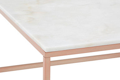 Square White Marble Top Coffee Table in Rose Gold Finish Stainless Steel Legs, Allure