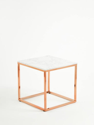 Square White Marble Top End Table with Rose Gold Metal Frame, Allure