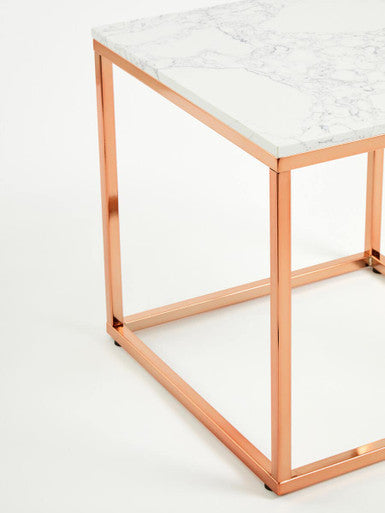 Allure White Marble Square Side Table with Rose Gold Finish Base