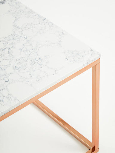 Allure White Marble Square Side Table with Rose Gold Finish Base