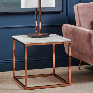 Allure White Marble Square Side Table with Rose Gold Finish Base