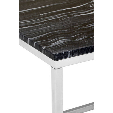 Square Black and White Marble End Table with Chrome Metal Base, Allure