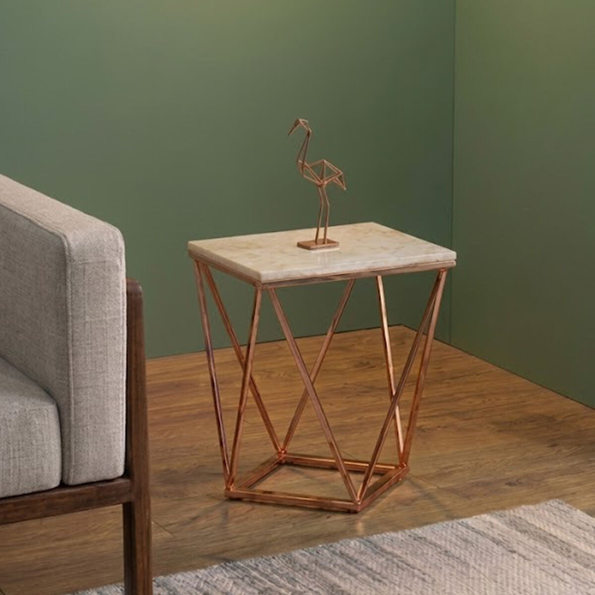Allure White Marble Rectangular Side Table with Rose Gold Base