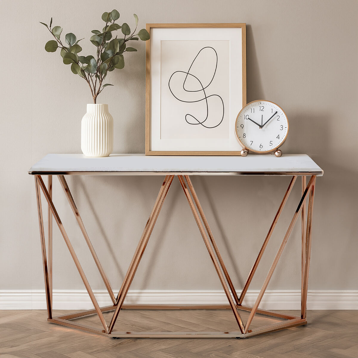 White Marble Champagne Rectangular Console Table with Rose Gold Metal Frame, Allure