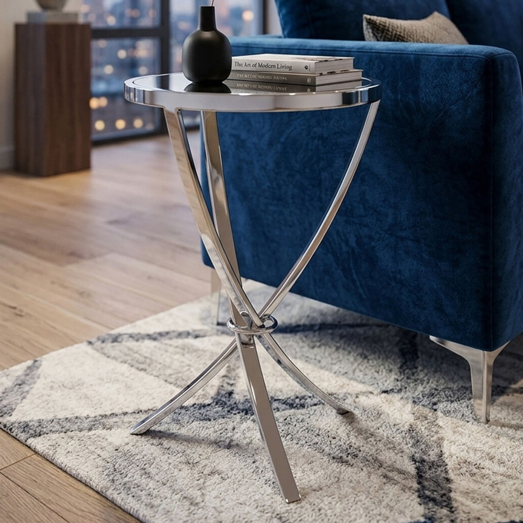 Allure Mirrored Glass Round Side Table with Chrome Finish Base