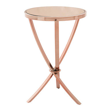 Allure Pink Mirrored Glass Round Side Table with Rose Gold Finish Base