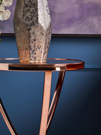 Allure Pink Mirrored Glass Round Side Table with Rose Gold Finish Base