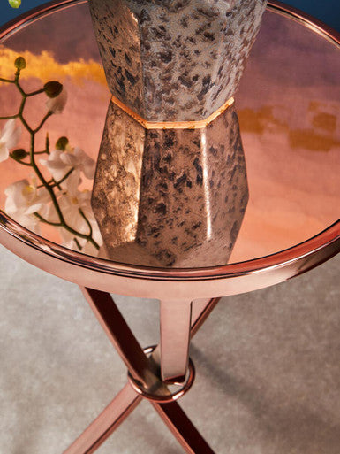 Allure Pink Mirrored Glass Round Side Table with Rose Gold Finish Base