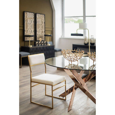 Allure Clear Glass Round Dining Table with Rose Gold Finish Base