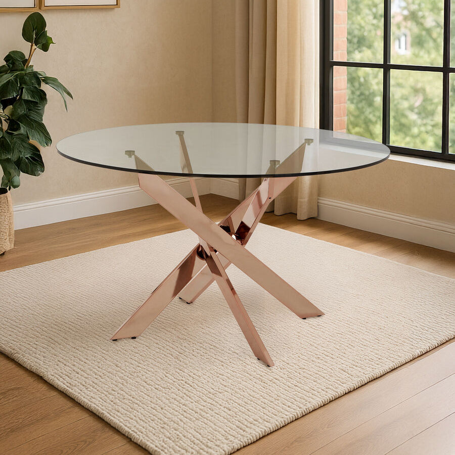 Allure Clear Glass Round Dining Table with Rose Gold Finish Base