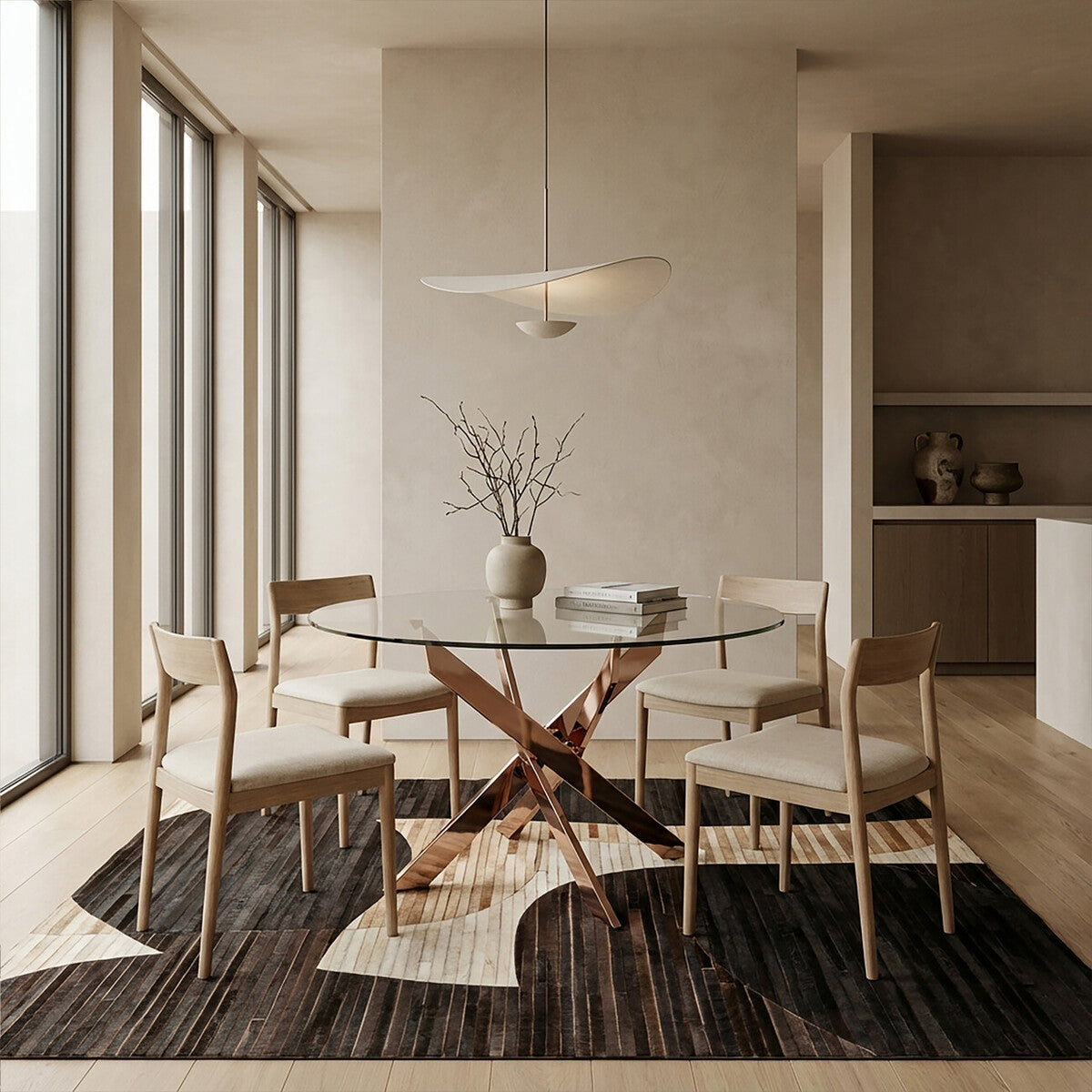 Allure Clear Glass Round Dining Table with Rose Gold Finish Base