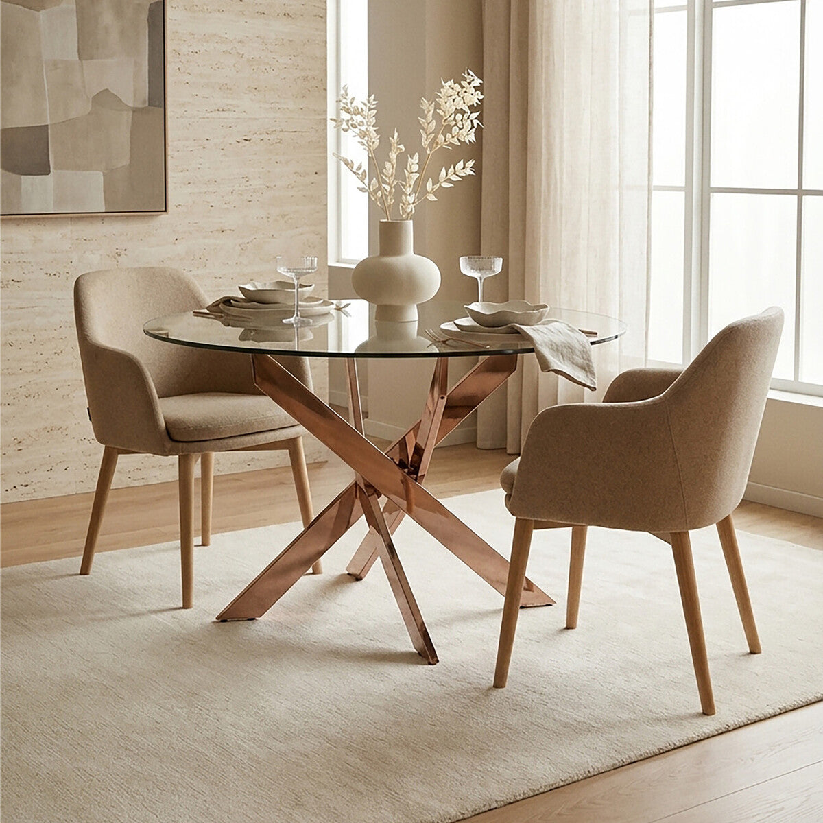 Allure Clear Glass Round Dining Table with Rose Gold Finish Base