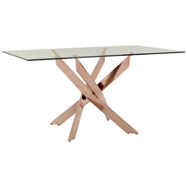 Rectangular Tempered Glass Top Dining Table with Intersecting Rose Gold Stainless Steel Base, Allure