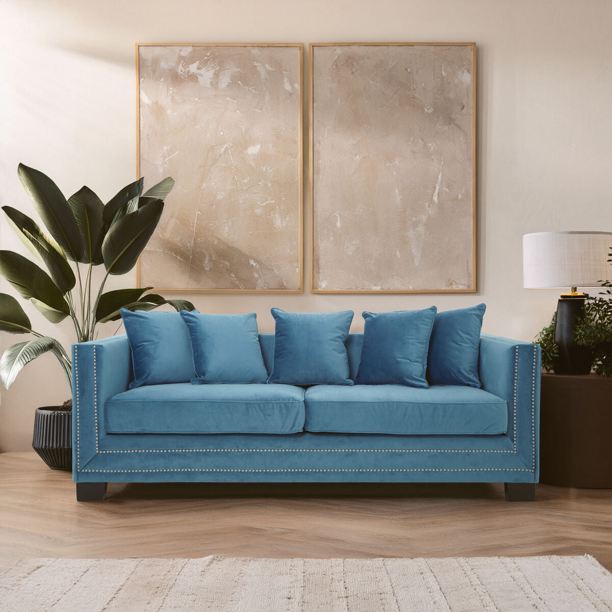 3 Seater Cyan Blue Velvet Sofa, Sofia