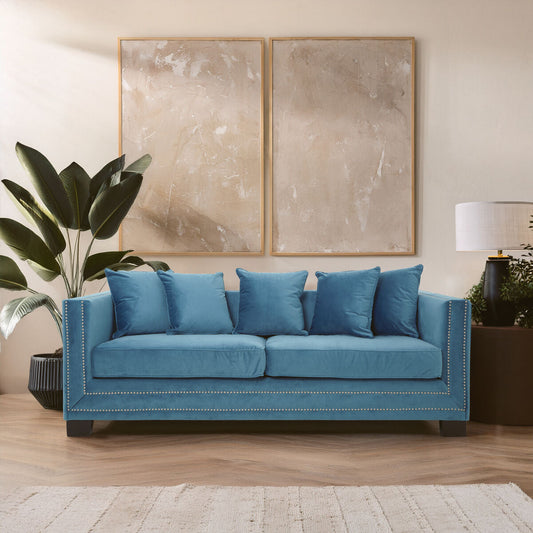 3 Seater Cyan Blue Velvet Sofa, Sofia