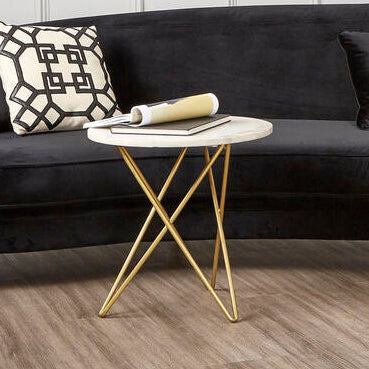 White Marble Top Side Table with Gold Geometric Hairpin Legs, Nirav