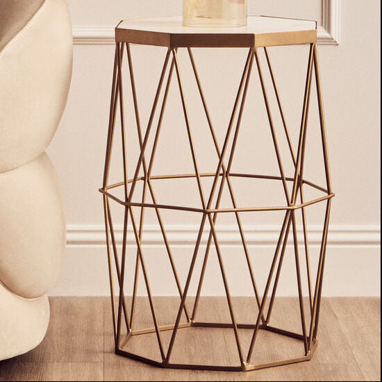 White Marble Top Octagonal Side Table with Gold Metal Open Frame, Shalimar