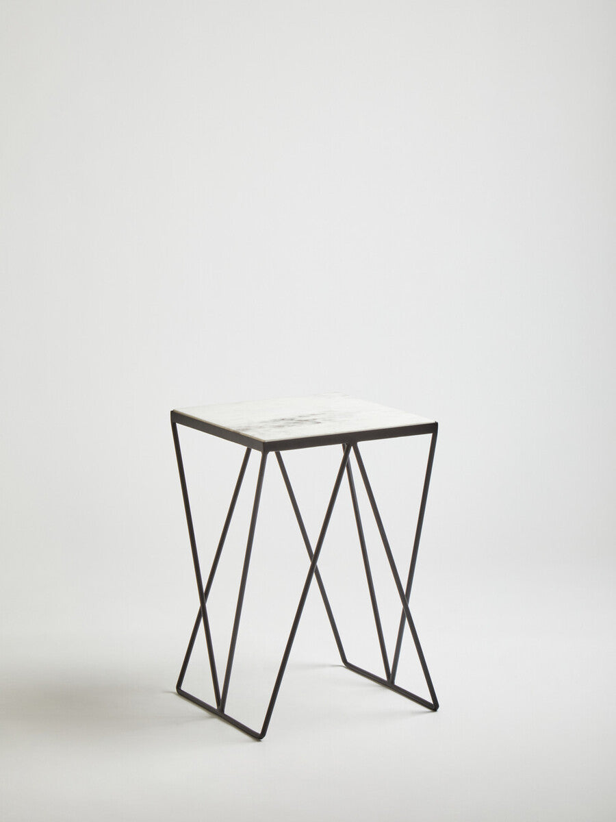 Natural Marble Top Side Table with Matte Black Iron Legs, Shalimar