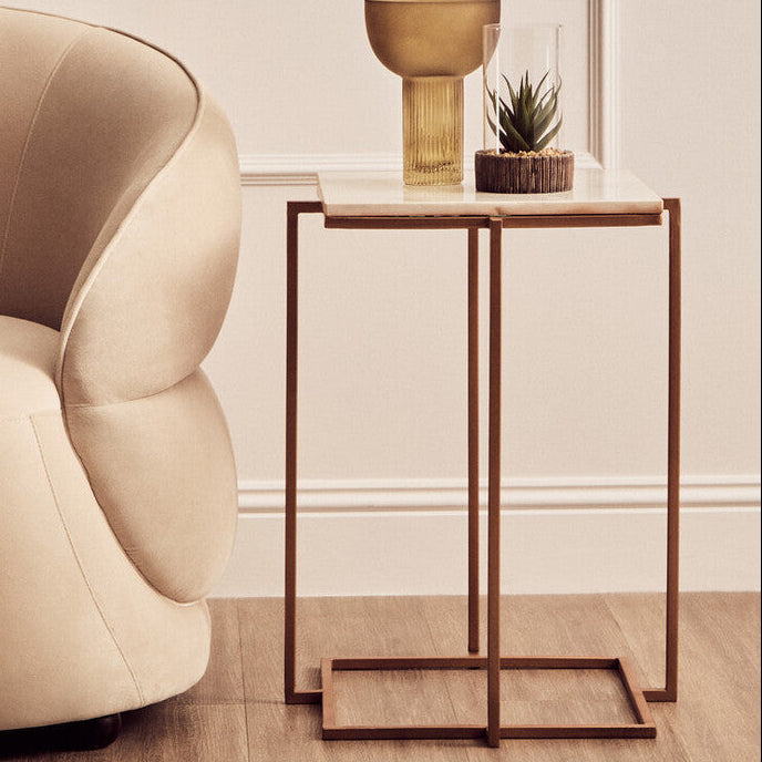 White Marble Top Side Table with Gold Finish Iron Legs, Shalimar