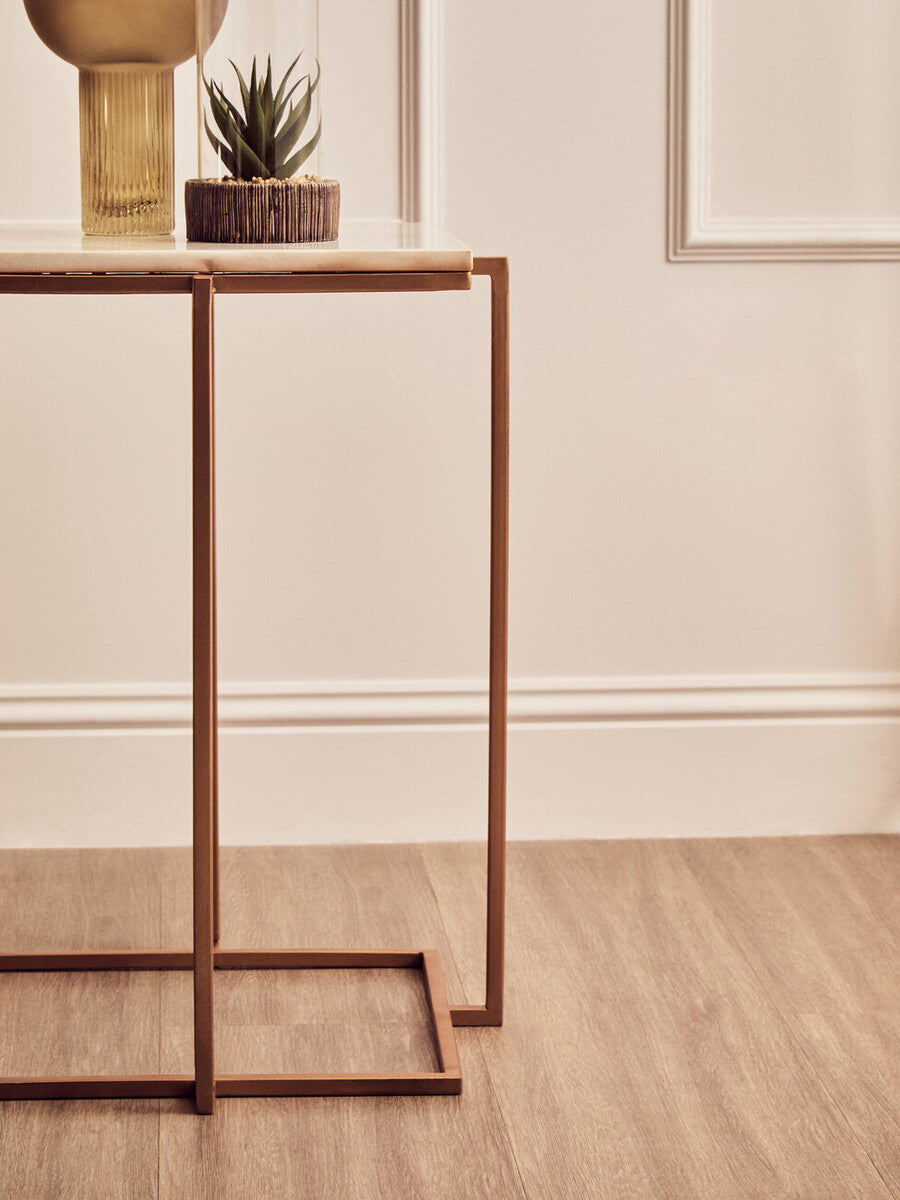 White Marble Top Side Table with Gold Finish Iron Legs, Shalimar