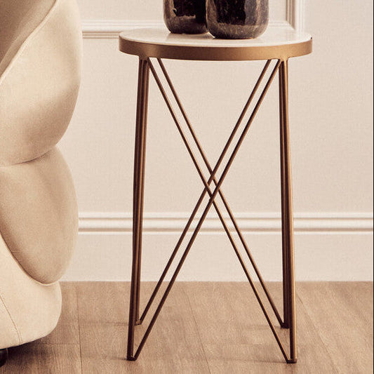 White Round Marble Top Boutique Style Side Table with Gold Latticed Legs, Shalimar