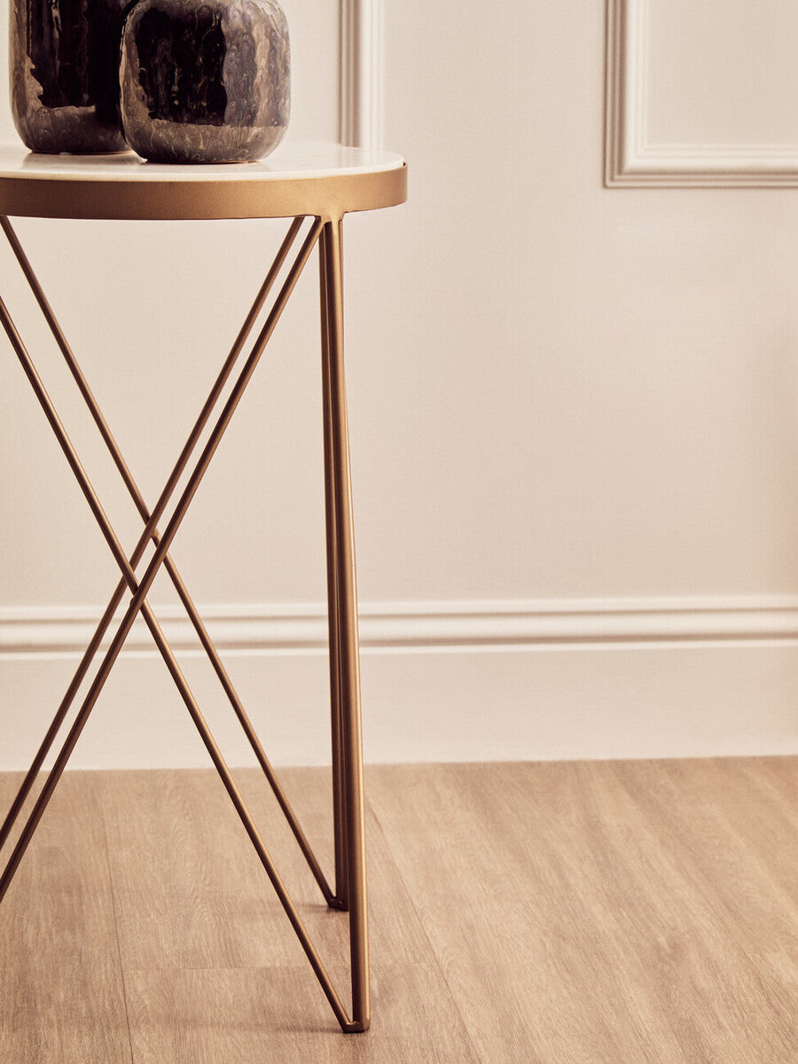 Shalimar White Marble Round Side Table with Gold Finish Legs