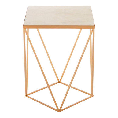Natural Round Marble Top Side Table with Geometric Gold Metallic Base, Shalimar