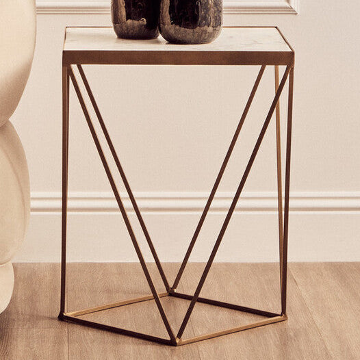 Natural Round Marble Top Side Table with Geometric Gold Metallic Base, Shalimar